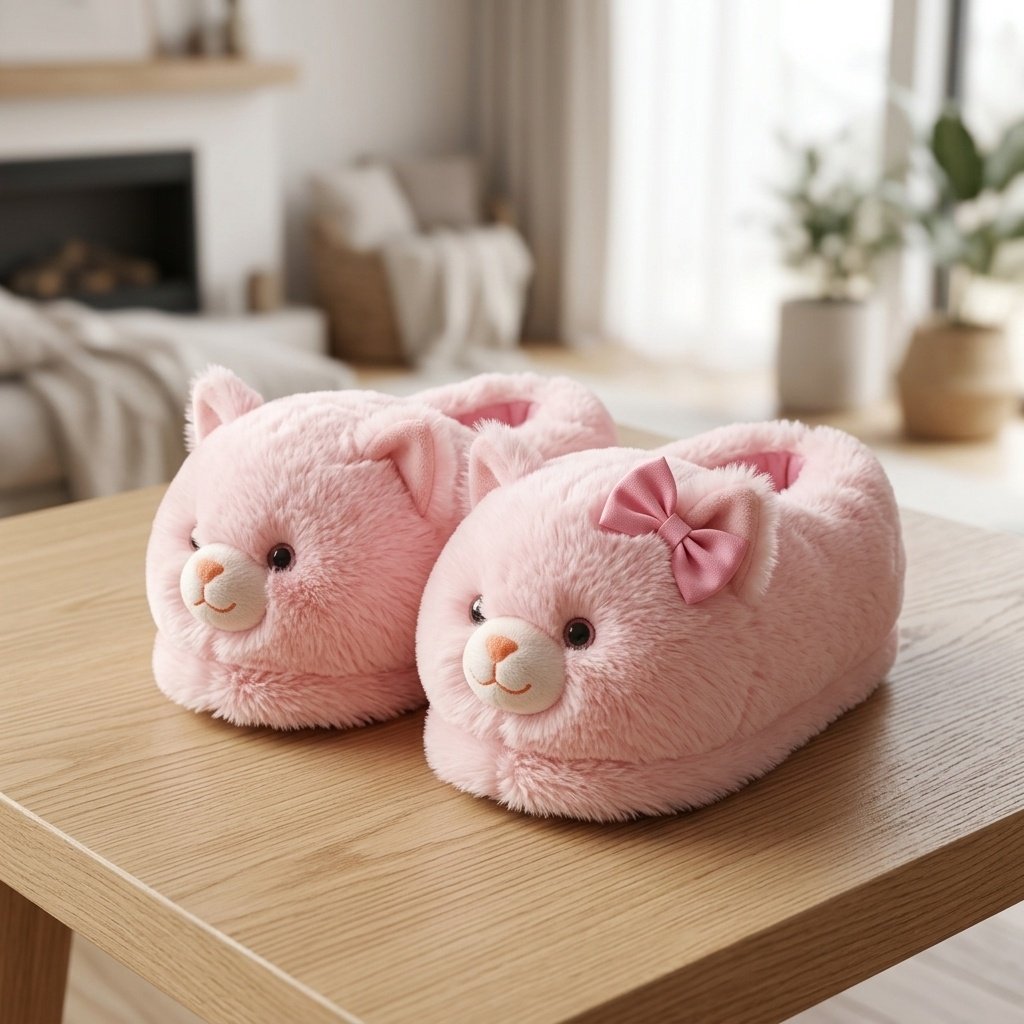 Pembe Peluş Kedi Ev Terliği