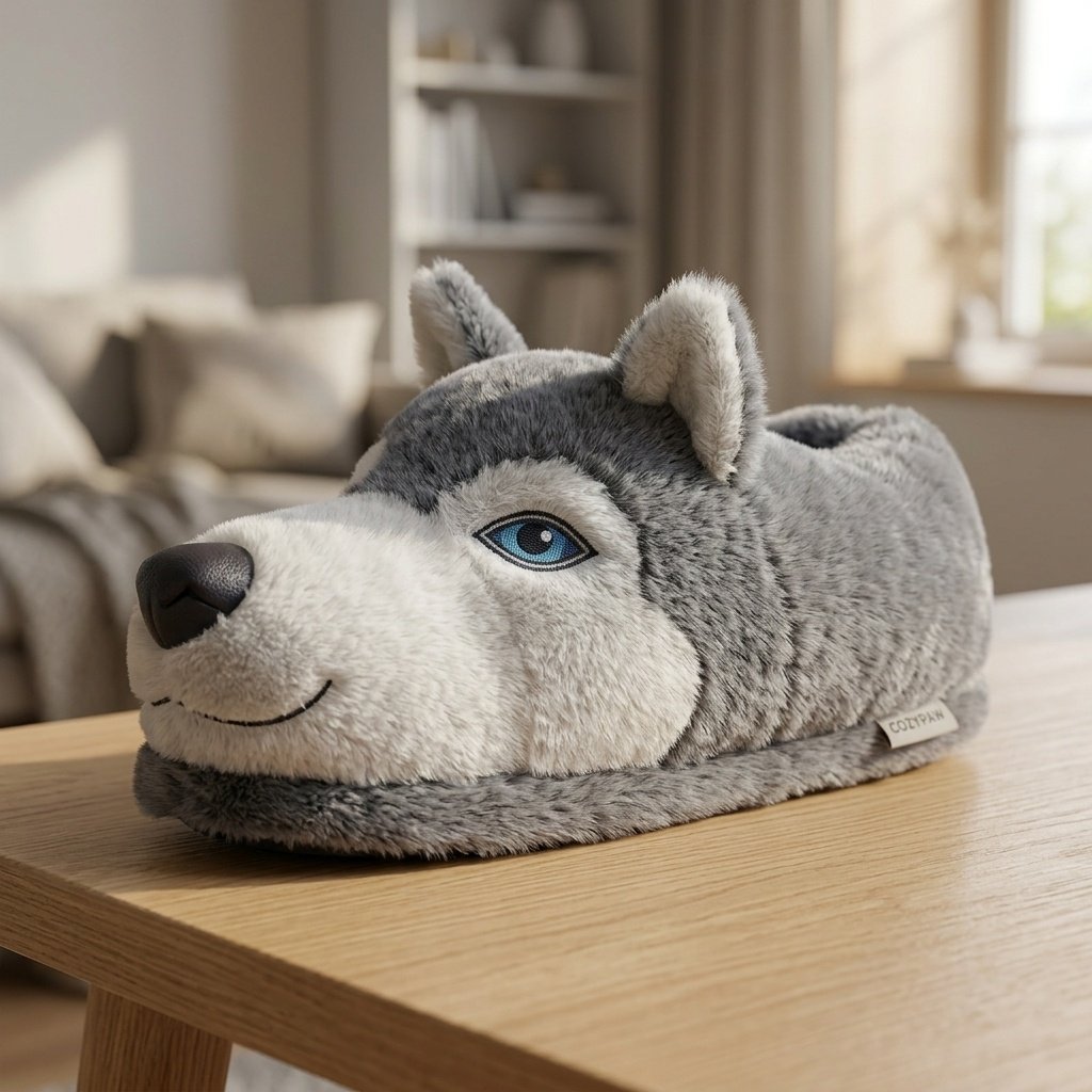 Husky Kurt Figürlü Peluş Ev Terliği 2