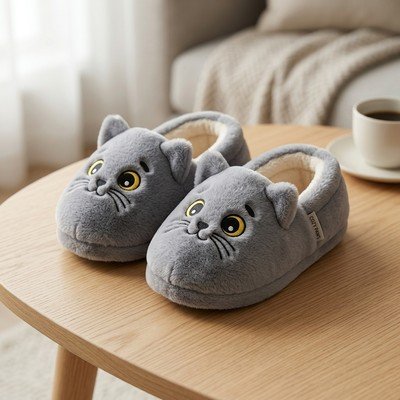 Gri Kedi Figürlü Ev Terliği