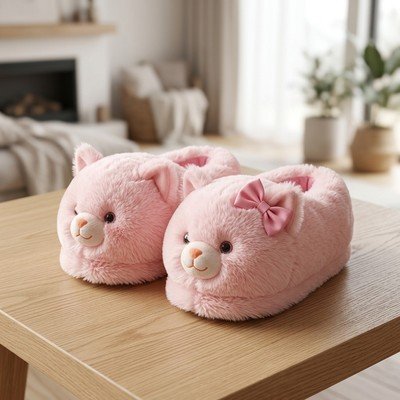 Pembe Peluş Kedi Ev Terliği