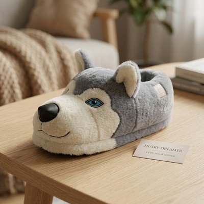 Husky Kurt Figürlü Peluş Ev Terliği