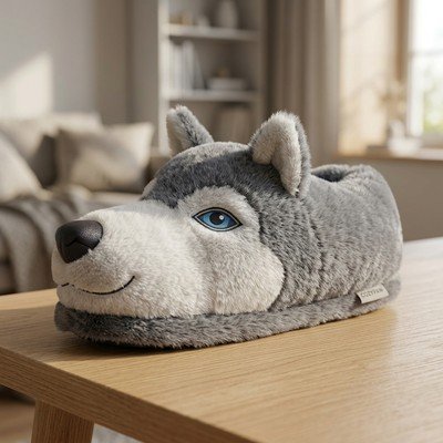 Husky Kurt Figürlü Peluş Ev Terliği 2